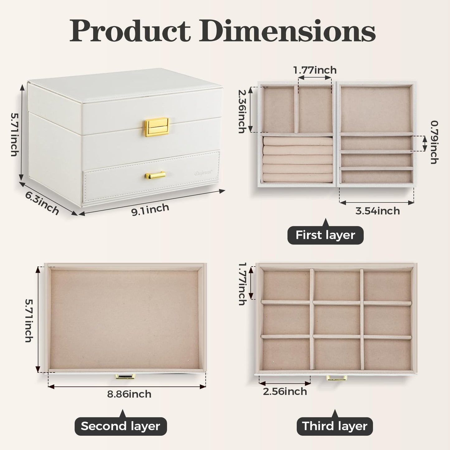 Dajasan Jewelry Organizer Box, Large Jewelry Boxes for Women Girls, Space-Saving 3 Layers Jewelry Storage Case with Drawer, Movable Metal Stand, Modern, Gift Idea (Cloud White + Gold)