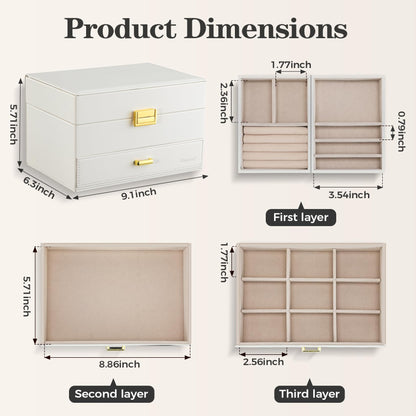 Dajasan Jewelry Organizer Box, Large Jewelry Boxes for Women Girls, Space-Saving 3 Layers Jewelry Storage Case with Drawer, Movable Metal Stand, Modern, Gift Idea (Cloud White + Gold)