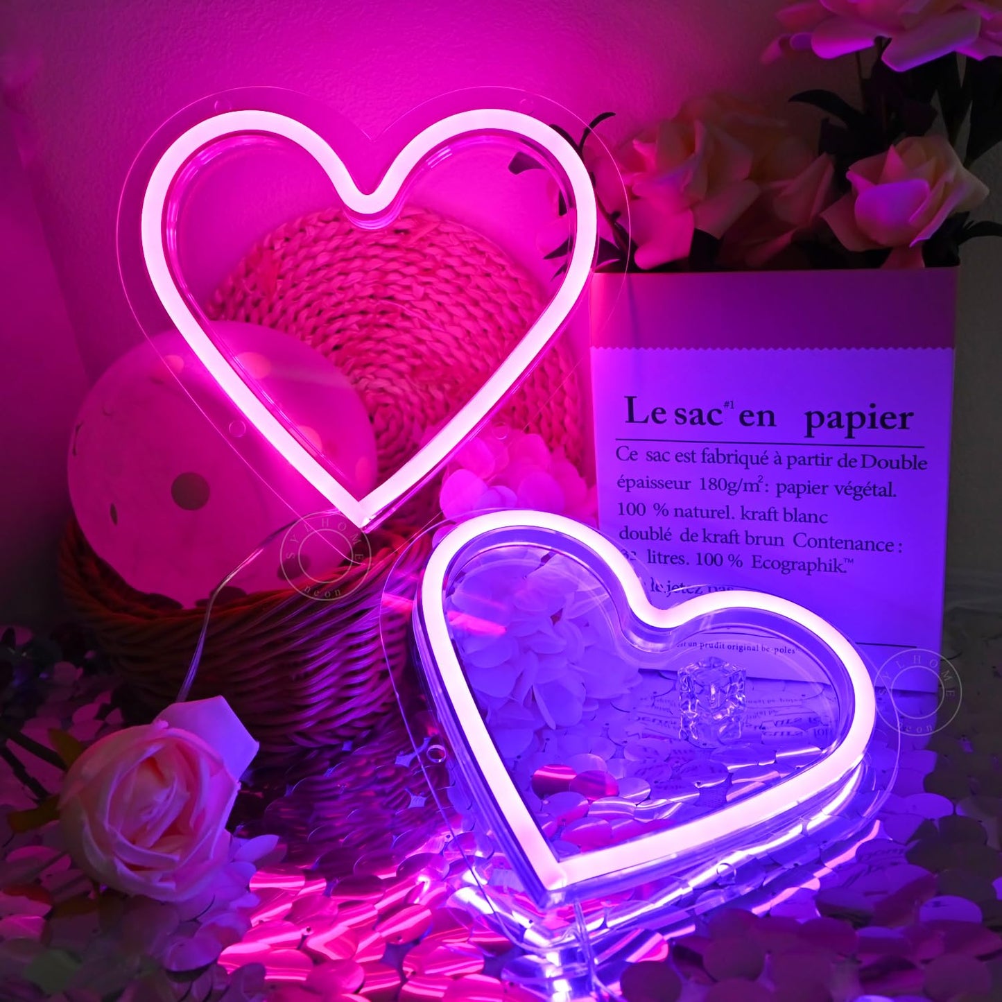 SYLHOME 2 Pack Heart Led Neon Light Sign Battery Operated or USB Powered Bedroom Wedding Wall Sign Decor Valentines Day Birthday Christmas Gifts USB 7.87" X 7.28"