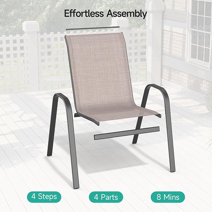 Patio Chairs Set of 4, Easily Set Up Stackable Outdoor Dining Chairs with High Back and Wide Seat, All Weather Breathable Outdoor Chairs Set of 4 with Metal Frame for Backyard Deck Pool, Brown