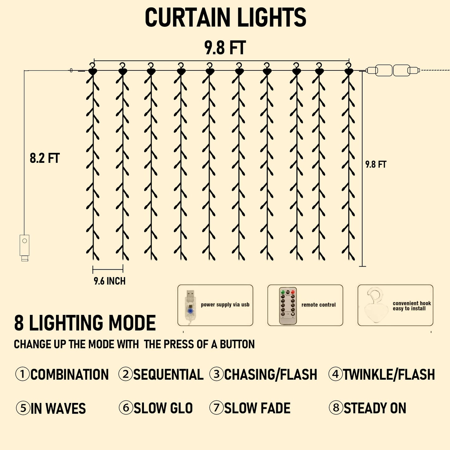 FUNPENY Window Curtain String Lights, 300 LED 8 Lighting Modes Fairy Lights USB Powered, Waterproof Lights for Christmas Bedroom Party Wedding Home Garden Wall Decorations, Warm White
