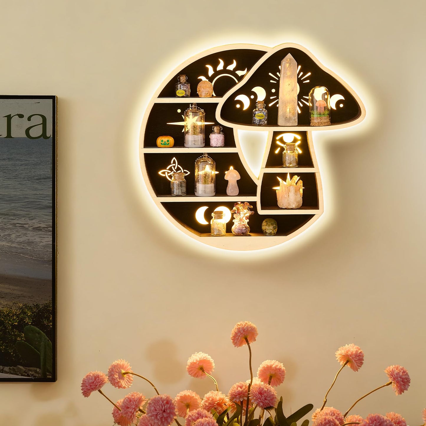 FNYDOX Crescent Moon Shelf with LED Light, Wooden Mushroom Shelf for Crystals Rocks Gems Healing Stones, Trinket Knick Knack Bohomian Witchy Wiccan Shelves Wall Mounted