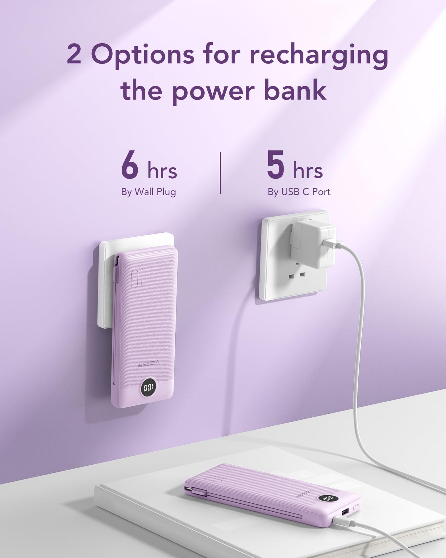 VEGER Portable Charger for iPhone Built in Cables and Wall Plug, 10000mah Slim Fast Charging USB C Power Bank, Travel Essential Battery Pack Compatible with iPhones, iPad, Samsung More Devices(Pink)