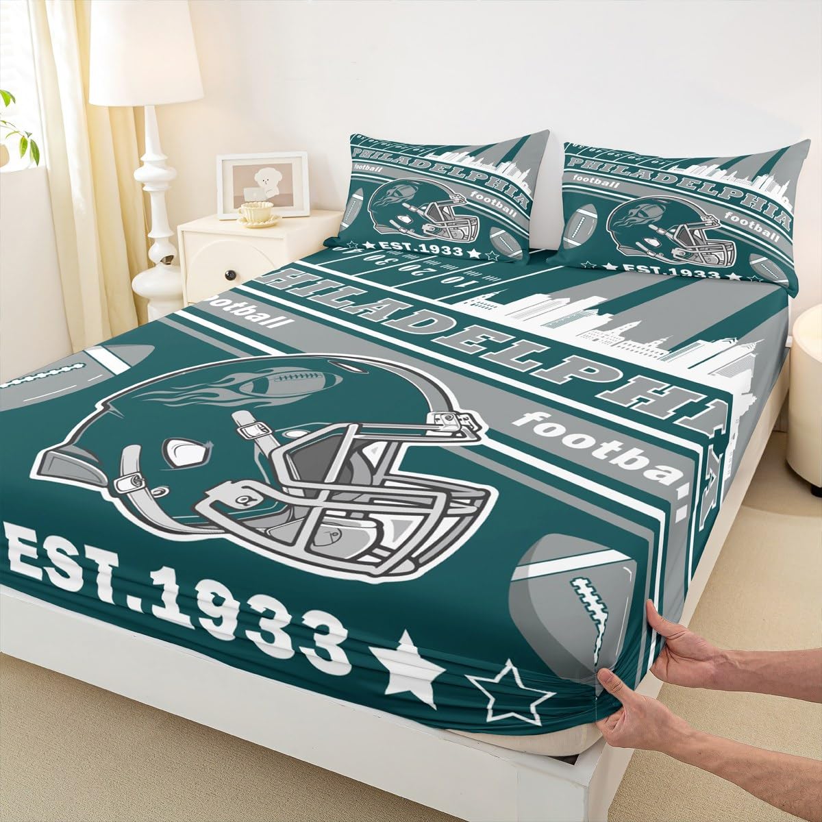 Feelyou Football Bed Sheets Set Full Size Boys Women Men Football City Fitted Sheet with 16 Inch Deep Pockets Rugby Sports Bedding Set