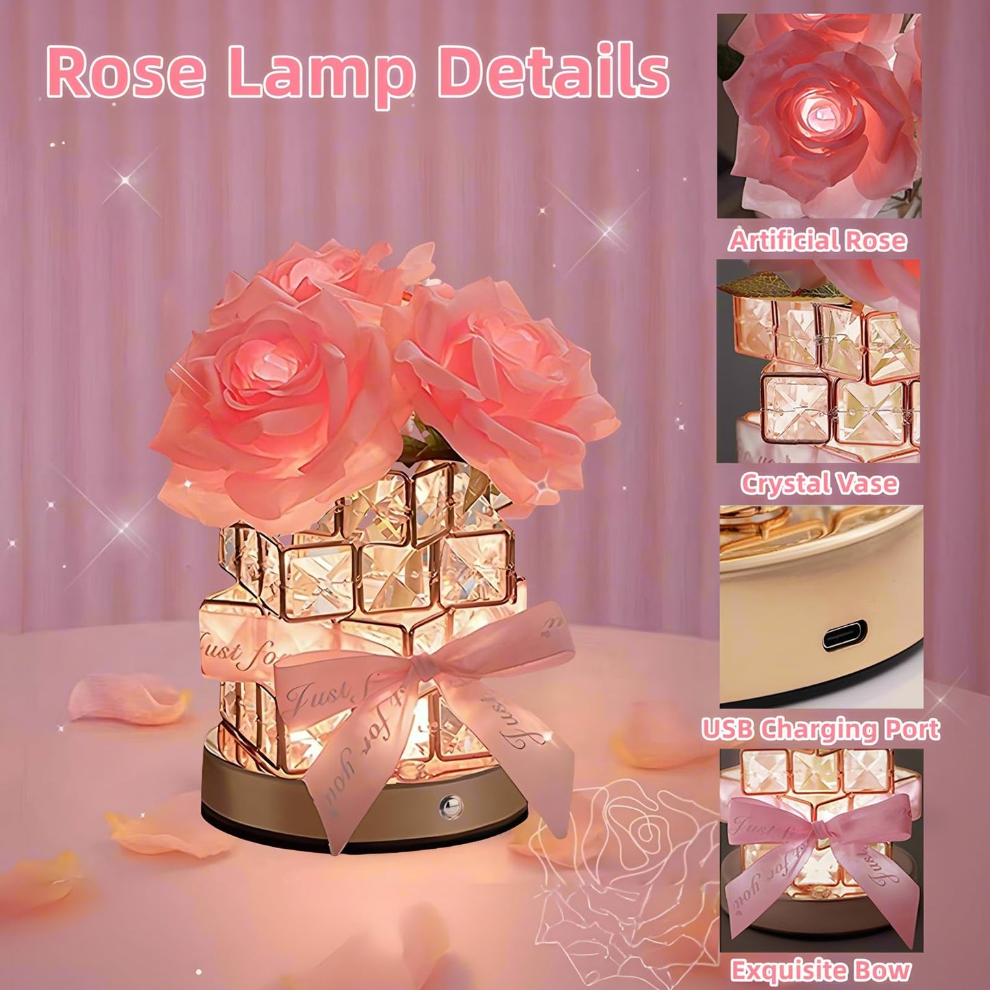 Rose Flower Lamp,Rose Gifts for Women Mother,Rechargeable Cordless Touch Small Flowers Night Light,3-Colour Stepless Dimming Crystal Bedside Lamps,Birthday Gifts for Mom Wife Girlfriend Home Decor