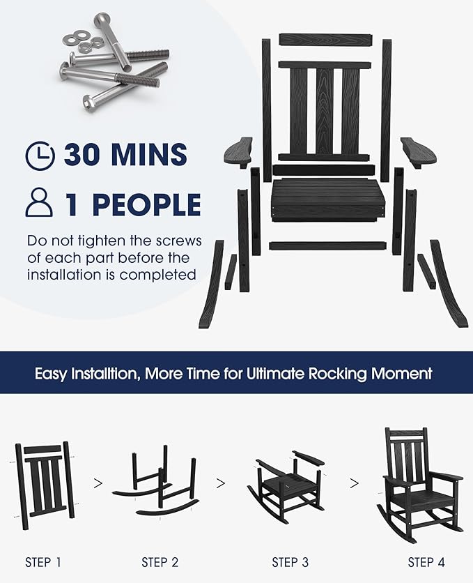KINGYES Oversized Outdoor Rocking Chair Set of 8, All-Weather Patio Rocking Chairs for Porch, HDPE Outdoor Patio Rockers with High Back & Wide Seat for Garden, Lawn, Black