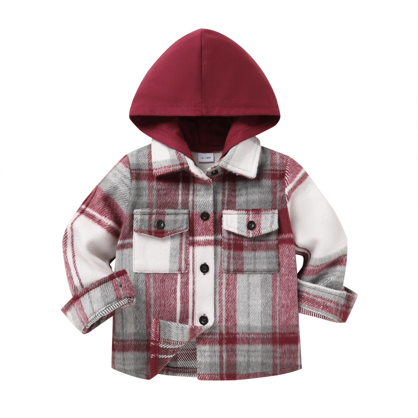 YOUNGER STAR Toddler KidsBaby Boys Hooded Plaid Shirt Classical Shirt Hooded Jacket Fall Winter Clothes (Wine red gray large grid, 3-4T)