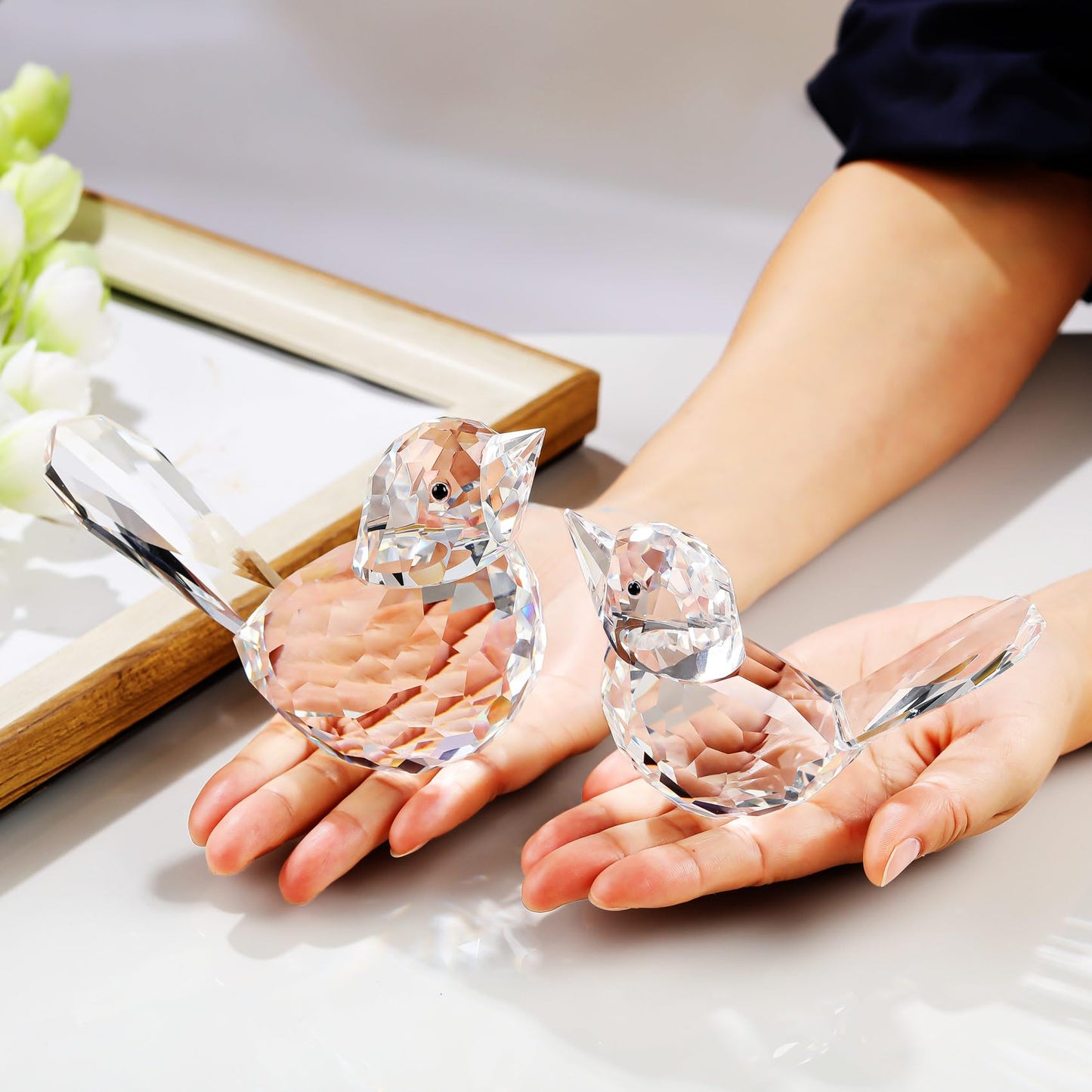 YWHL 2Pcs Clear Crystal Bird Figurines, Handmade Glass Birds Gifts for Women Men, Art Animals Decorative Ornament Collectible Figurine (Clear)