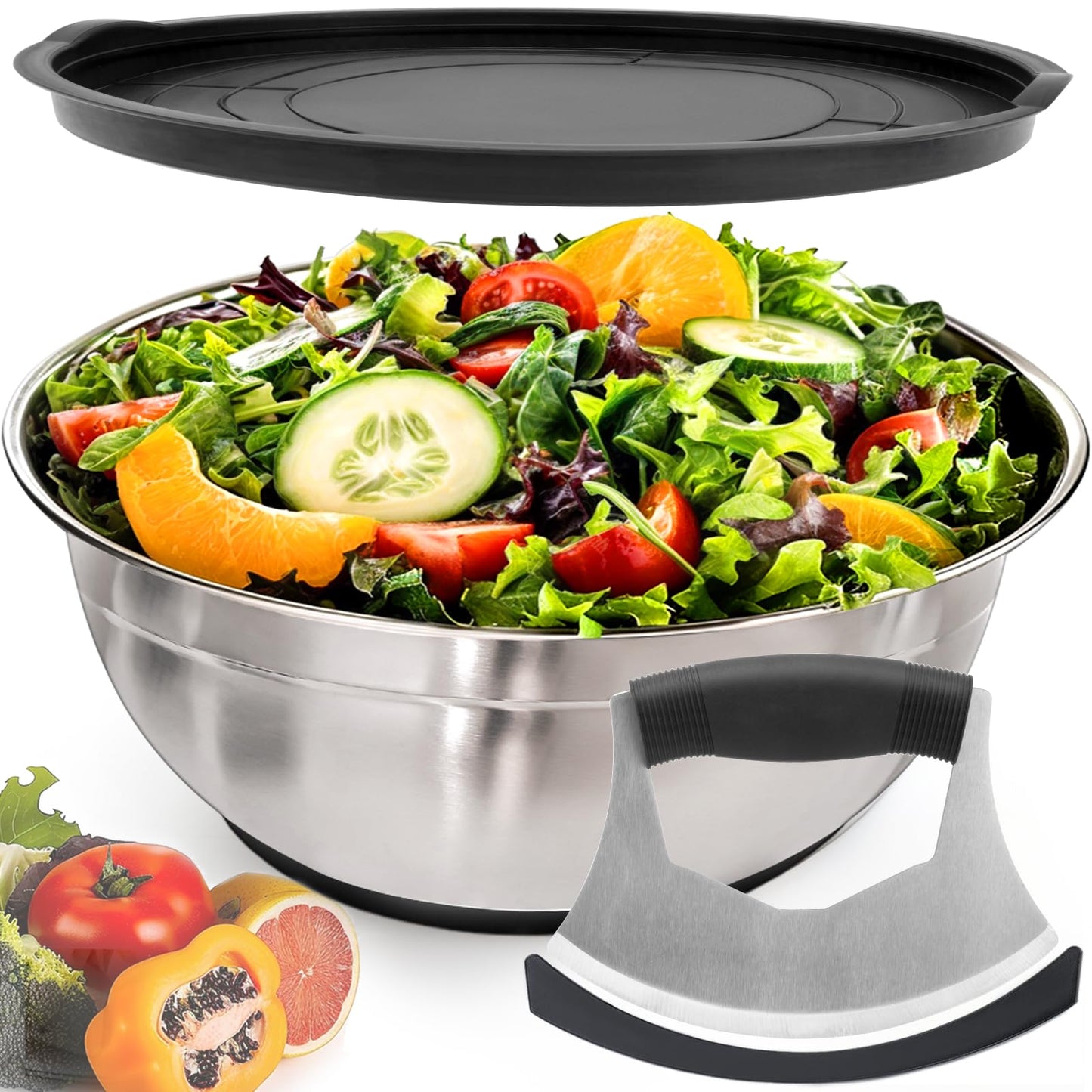ZMCYNG Salad Chopper Bowl - Stainless Steel Salad Chopping Bowl, Sala d Chopper Bowl and Cutter with Lid, Chef Grade Salad- Chopper Blade and Bowl, Mezzaluna Mincing Knife, Super-fast Sala d Prep