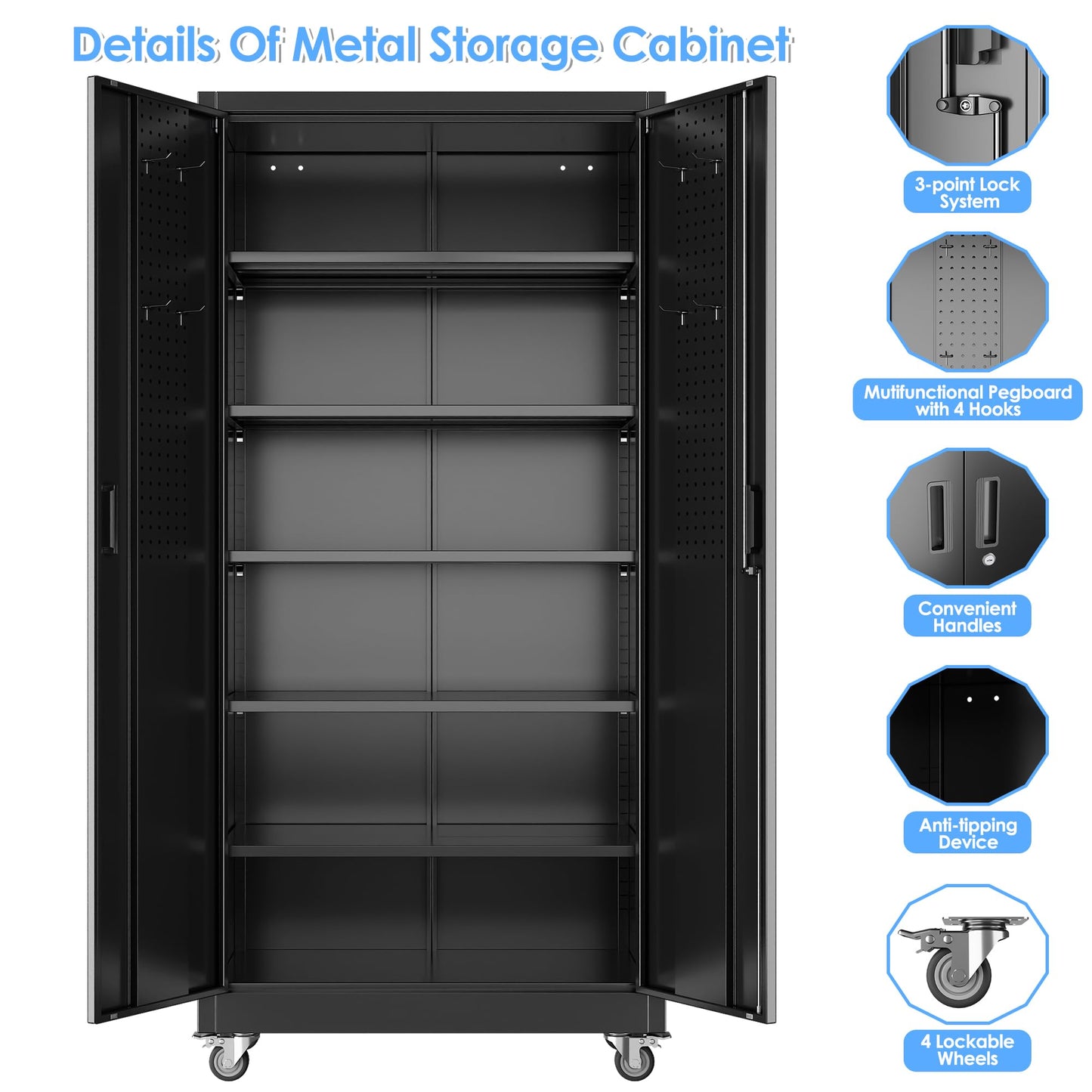 SUXXAN Heavy Duty Metal Storage Cabinet with Wheels and Pegboard, 71" Tall Industrial Steel Cabinet with 5 Adjustable Shelves & Locking Doors for Garage, Office, Pantry, Warehouse, Black