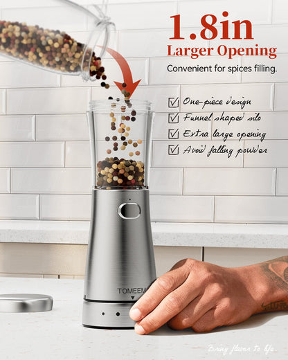TOMEEM Electric Salt and Pepper Grinder Set with Storage Base, Stainless Steel Rechargeable Salt and Pepper Grinder Set, 4.5oz Large Capacity, 1.8" Wide Mouth, Adjustable Coarseness, Ideal for Kitchen