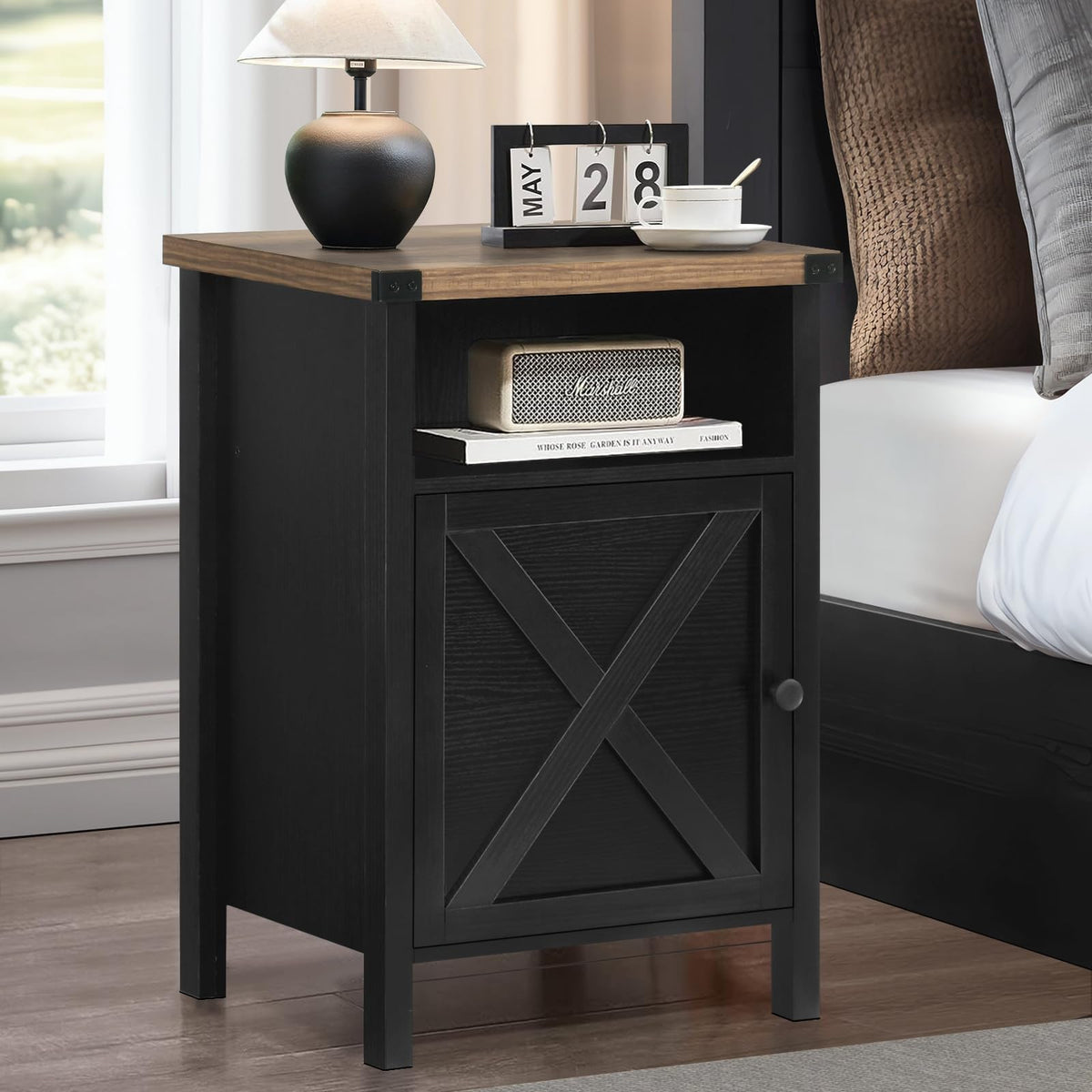 Black Farmhouse Nightstand, Side Table, End Table with Barn Door and Shelf, Rustic Modern Bed Night Stand for Bedroom, Living Room