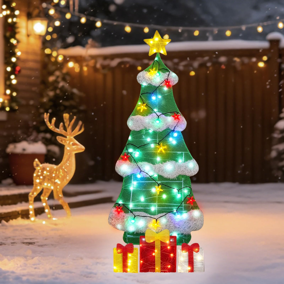 3ft 2D Christmas Tree Outdoor Decorations with 100 Twinkling LED Lights, 8 Light Modes, Large Holiday Yard Ornament for Patio, Lawn, Home（Sphere+Star）