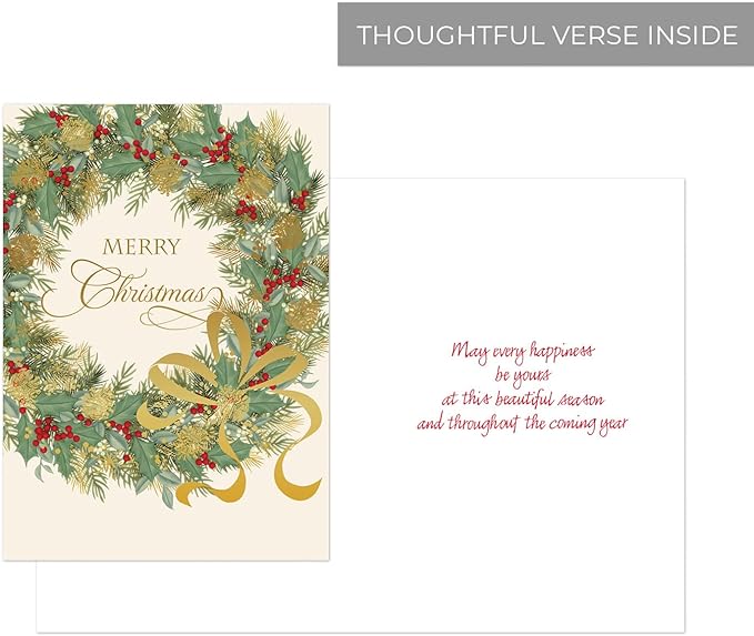 Masterpiece Traditional Wreath Christmas Cards / 15 Festive Holiday Cards Set With White Envelopes / 5 5/8" x 7 7/8" Winter Greeting Cards With Inside Verse