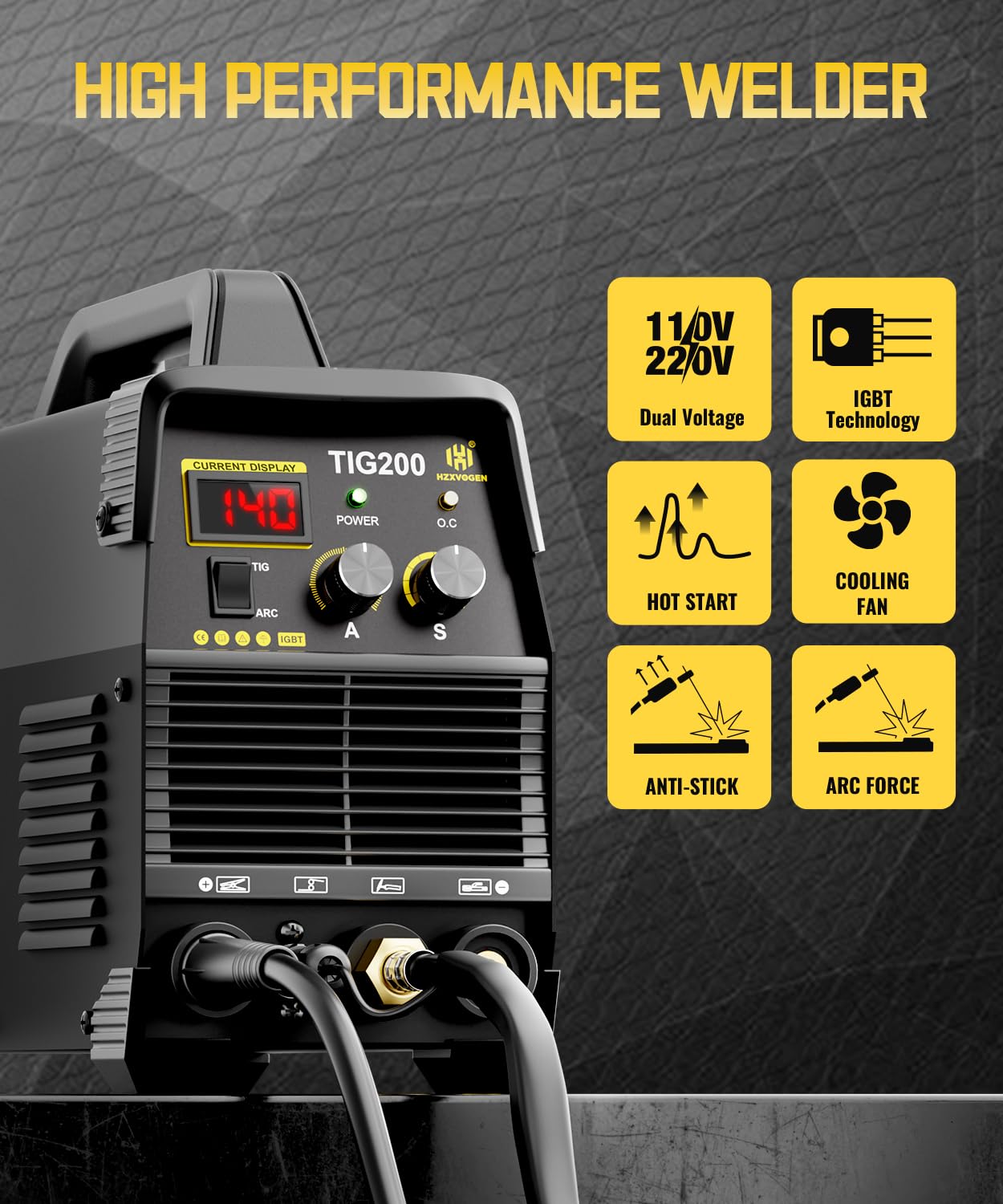 H HZXVOGEN 200A TIG Welder, HF TIG/Stick 2 in 1 Welder Machine with Post Gas, 110V 220V Dual Voltage IGBT Inverter TIG Welding Machine(TIG200)