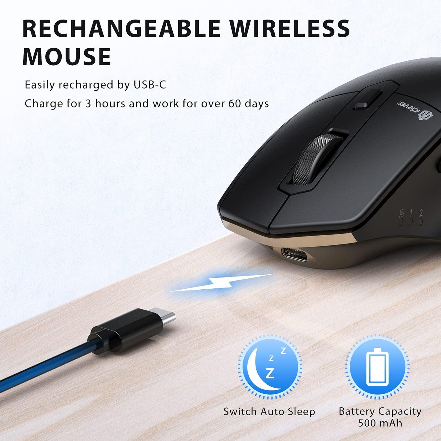 iClever Wireless Mouse with Bluetooth or USB Receiver, 5 Adjustable 2400DPI Rechargeable Computer Mice, Wireless Mouse for Laptop, iPad, MacBook, Tablet, PC