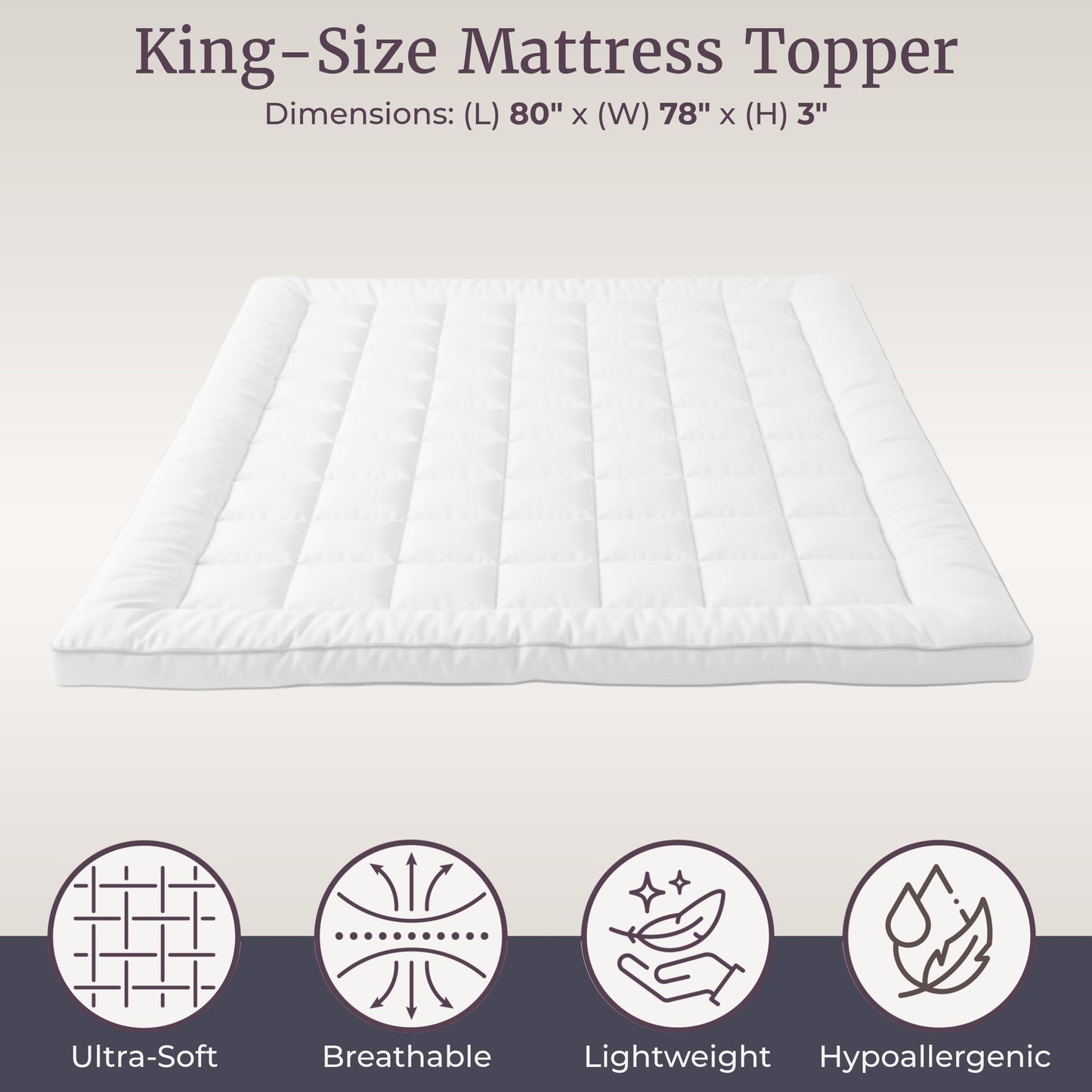 Down Alternative Mattress Topper-King Size- 3” Gusset Hypoallergenic Fiber Filled Pillowtop Pad for Cushion & Support-Microfiber Cover- by Lavish Home