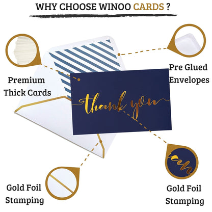 Winoo Design Heavy Duty Thank You Cards with Envelopes - 36 PK - Gold Thank You Notes 4x6 Inches Baby Shower Wedding Cards Small Business Graduation Funeral Bridal Shower (Navy Blue)
