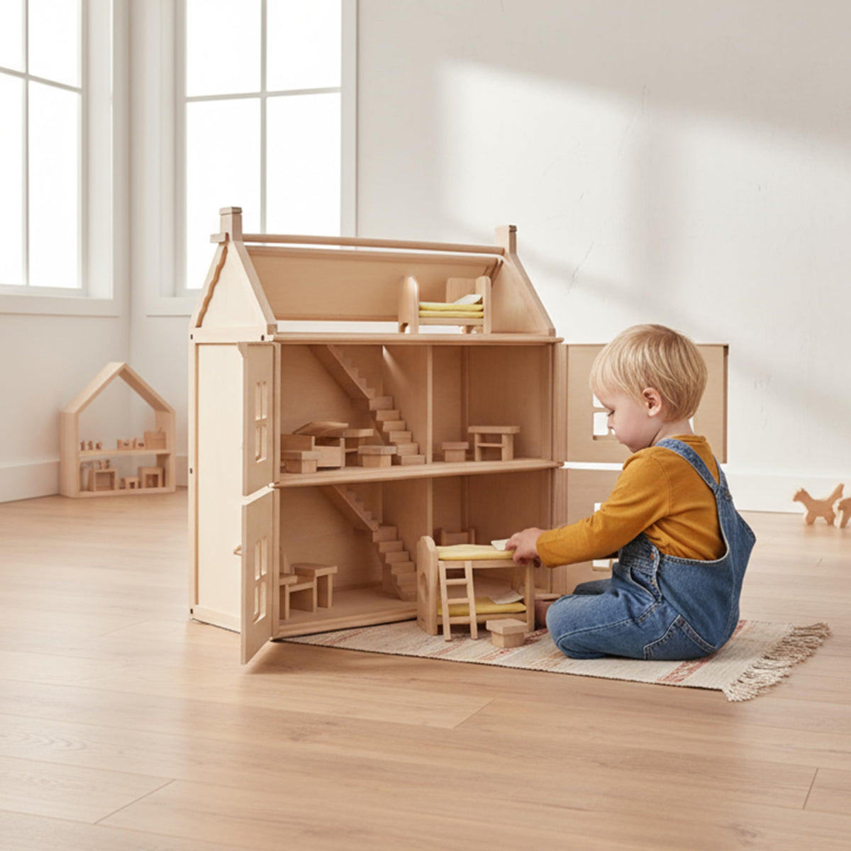 PlanToys® Wooden Children’s Room Classic Set for Montessori Small World Play | Creative Role Play and Social Interaction | Eco Friendly Wooden Dollhouse Bedroom Furniture for Imaginative Play