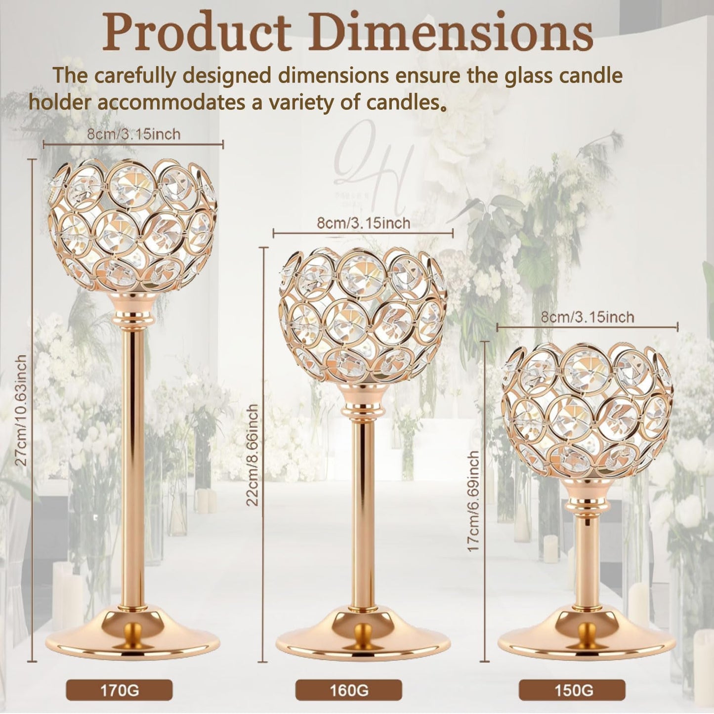 HearthLume Candle Holder Candlestick Holders- 6Set Gold Crystal Pillar Candle Holders,Metal Candlestick Stands for Wedding Centerpieces,Table Decor for Church,Valentine's Day Housewarming Gift,18Pcs