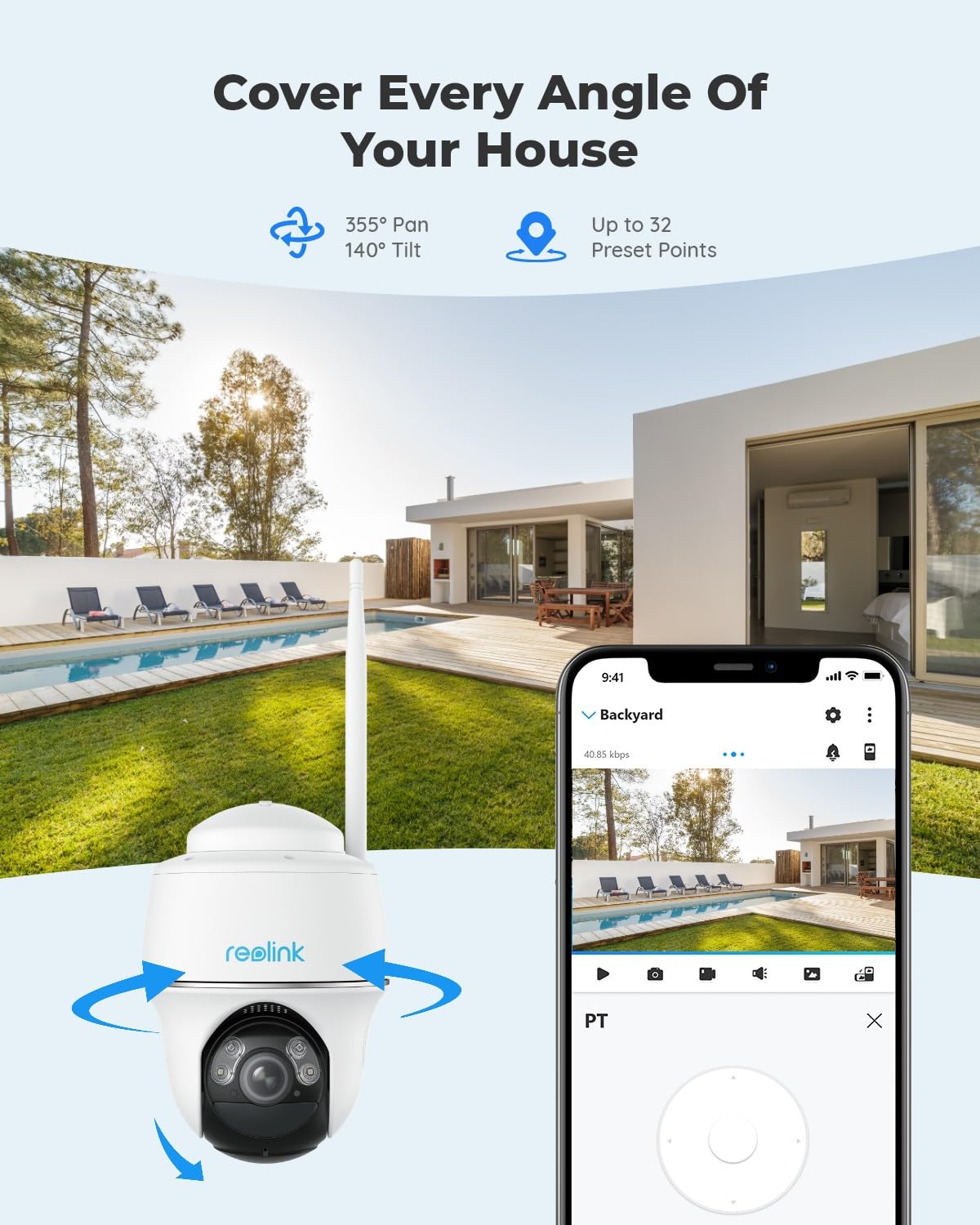 REOLINK First 4K Solar Security Cameras Wireless Outdoor, Argus PT Ultra+ 3W Solar Panel, 360° Pan Tilt Auto-Tracking, 8MP Color Night Vision, 2.4/5 GHz Wi-Fi 6, No Monthly Fee, Home Hub Compatible