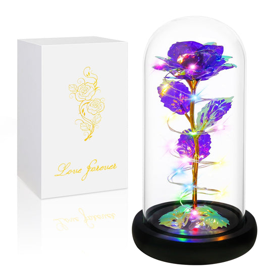 Childom Valentines Day Rose Gifts for Her,Birthday Gifts for Women Mom Mothers Day,Flowers for Delivery Prime,Colorful Purple Light Up Rose in A Glass Dome,Anniversary Valentines Rose Gift for Wife