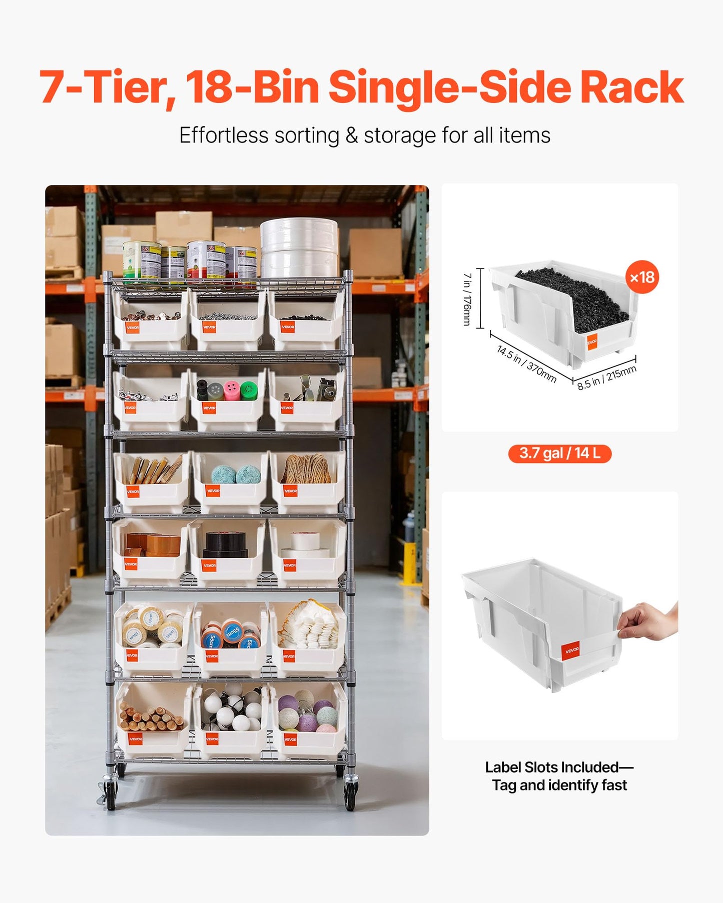 VEVOR 7-Tier Rolling Bin Storage Rack, 18 Organizer Bins, Bin Rack Storage Steel Wire Shelving System with Wheels, Mobile Tool Organizer for Garage, Warehouse, Office, Restaurant, Classroom, Kitchen
