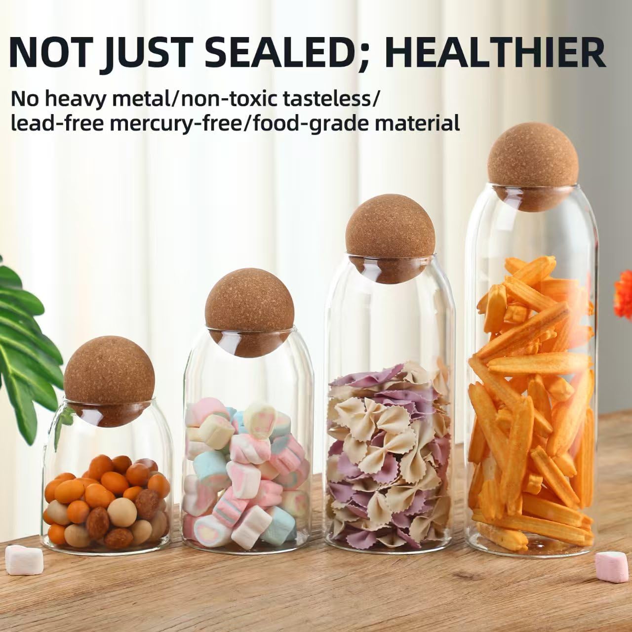 Glass Storage Jar with Ball Cork Lid, Clear Glass Canisters with Cork Ball,4Pcs High Borosilicate Glass Sealed Jar 16oz 26oz 36oz 46oz, Used for Storing Candies, Salt, Tea, Seasonings, Cookies, etc