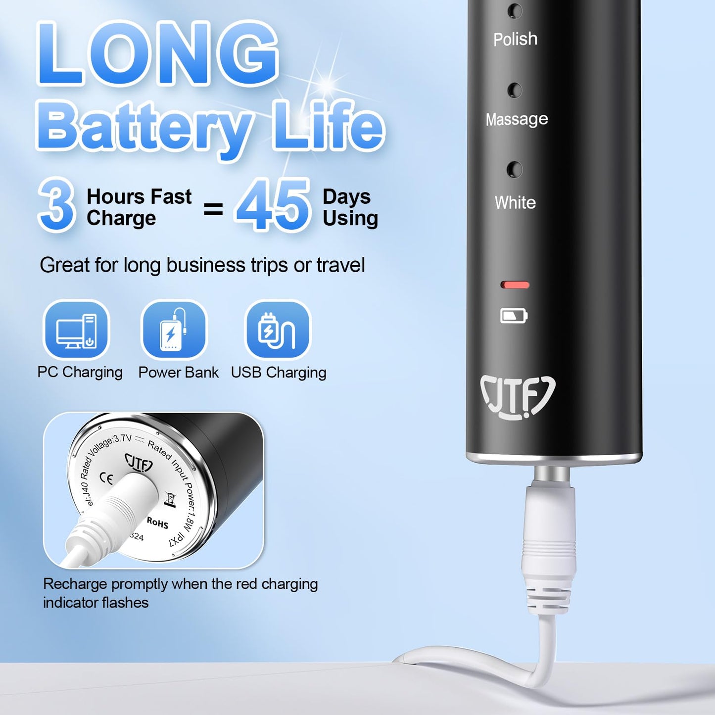 JTF Sonic Electric Toothbrush for Adults: 6 Brush Heads, Travel Bag, Tongue Scraper, 5 Brushing Modes for Teeth, Smart Timer and IPX7 Waterproof, Rechargeable Toothbrush for Deep Cleaning & Whitening