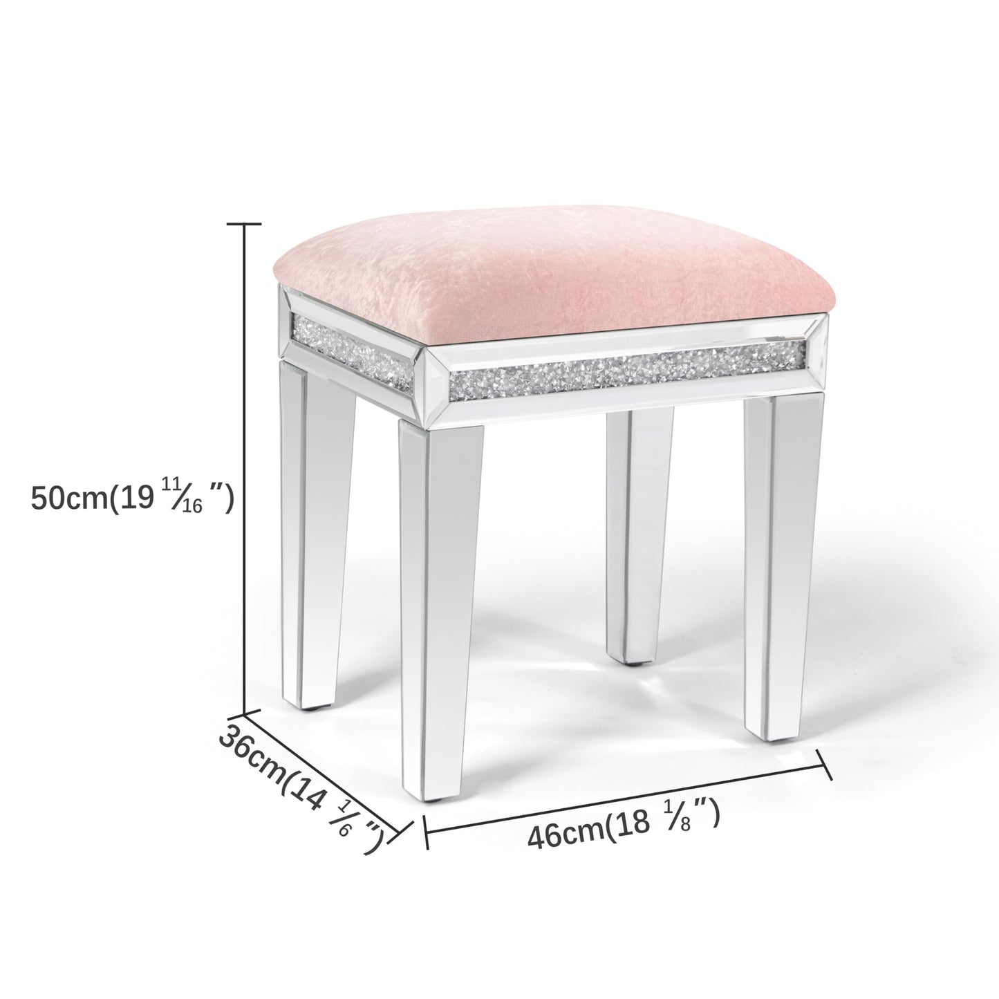 blingworld Mirrored Vanity Stool with Crushed Diamond Inlay Velvet Cushion 19.7'' Tall Stylish Makeup Chair for Bedroom, Vanity Chair, Ottoman for Living Room
