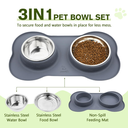 Pecute Dog Bowls Non Slip, Stainless Steel Double Bowls Set with Non-Spill Silicone Mats Tray for Cats Puppies Small Dogs Water Food Feeding (14oz Each Bowl, Grey)
