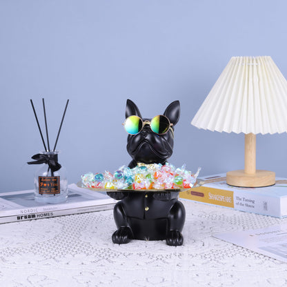 suruim French Bulldog Gifts Key Holder Candy Dish Tray Home Decor Resin Butler Statue Key Bowl Entryway Table Frenchie Dog Sculpture Dining Table Decor Office Small Object Tray (Black)