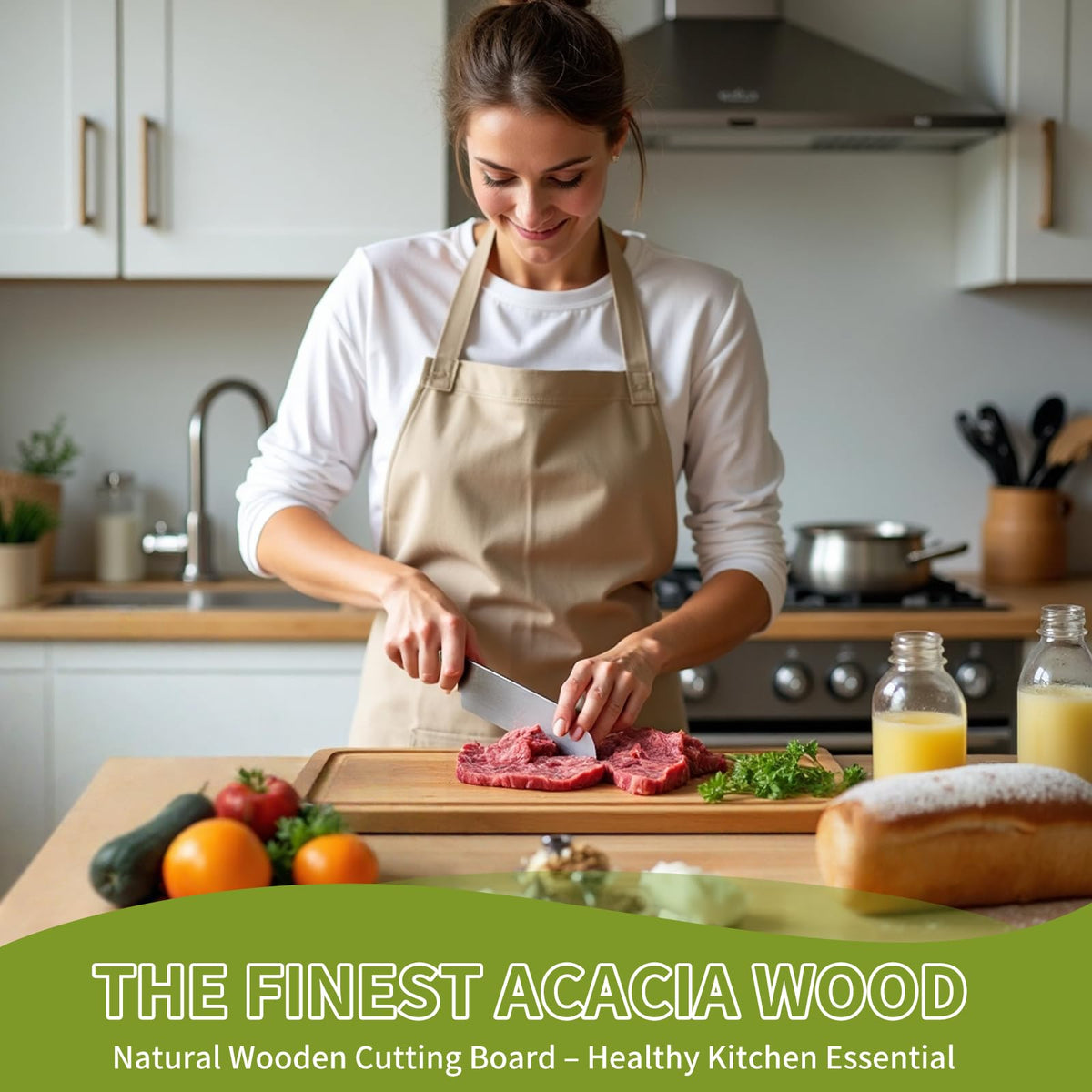 BOBELA Acacia Wood Cutting Board,Double Sided Wooden Cutting Boards for Kitchen with Deep Juice Grooves,0.8 in Thick Solid Wood Cutting Board Set with Stand for Chopping,Serving Ideal Kitchen Gifts