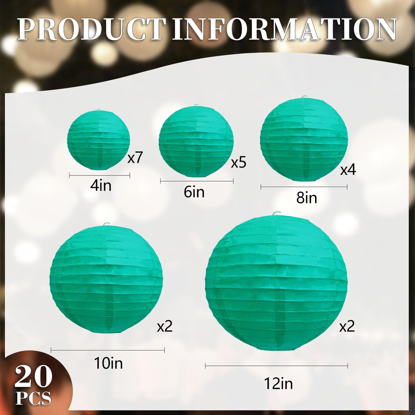 20Pcs Blue Green Paper Lanterns for Parties, 6” 8” 10” 12” Chinese Asian Hanging Round Paper Lanterns for Birthday Wedding Halloween Christmas Home Decor Party Decor