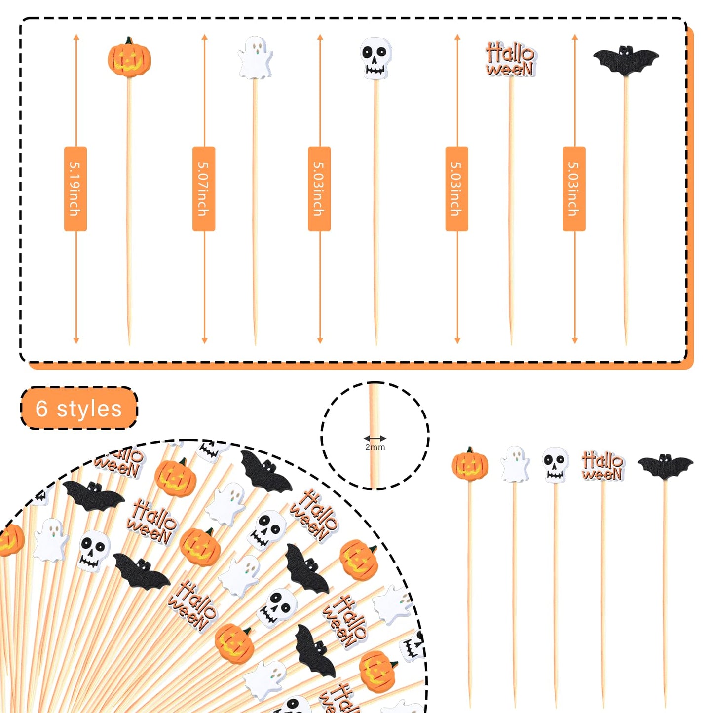 Halloween Cocktail Picks Halloween Theme Skull Ghost Pumpkin Bat Decorations Long Toothpicks Fruit Sticks Skewers Topper for Appetizer Charcuterie Food Sandwich Cupcake Halloween Themed Party Supplies
