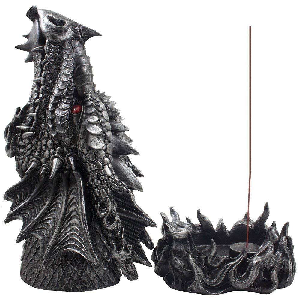 Mythical Fire Breathing Dragon Incense Holder & Burner Combo Statue for Sticks or Cones with Decorative Display Stand of Flames As Gothic Home Decor Aromatherapy Sculptures and Medieval Fantasy Gifts