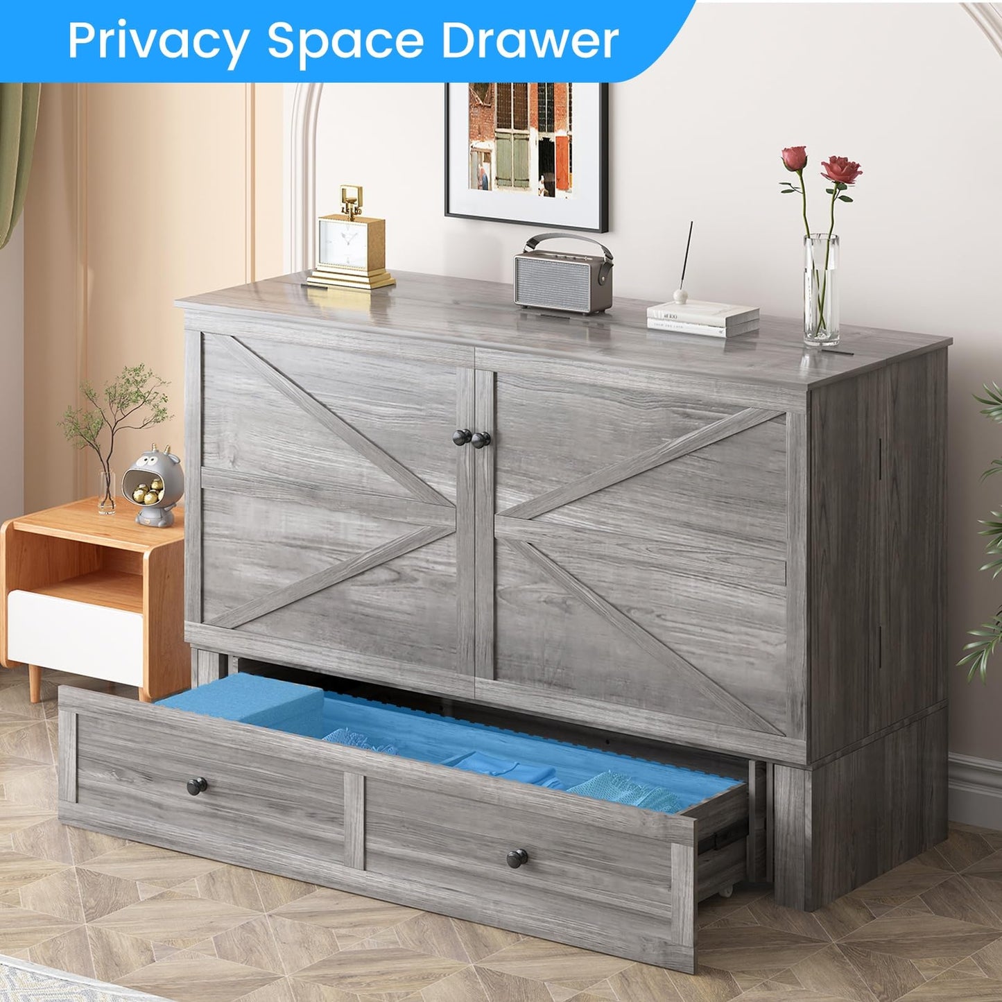 PUREMIND Full Murphy Bed Cabinet with Mattress Included, Bedroom Cabinet Beds with USB Charging Station, Murphy Chest Bed with Storage Drawers, Horizontal Wallbed for Guest Room Grey