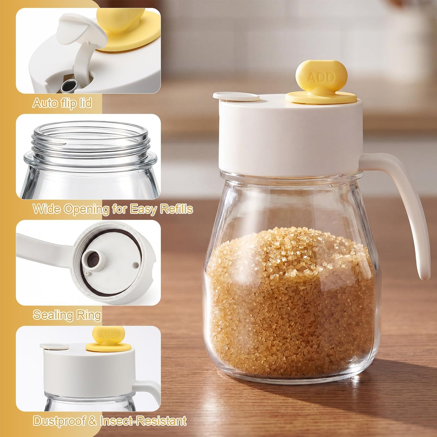 LemonRoad 30 oz Large Glass Sugar Dispenser with Pour Spout for Sugar, Coffee, Top Filling Port Design for Easy Refill, Large Capacity Sugars Container Glass Jars for Salt Kitchen Baking