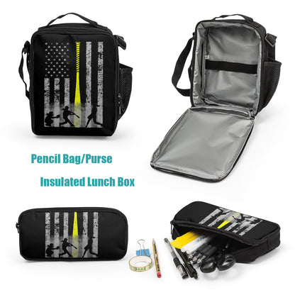 Giwawa Baseball American Flag Backpack Set 3 Pcs Patriotic USA Sporty Lightweight Bookbag Insulated Lunch Box Organizer for Athletes Students Sports Events Study Back to School Day Travel