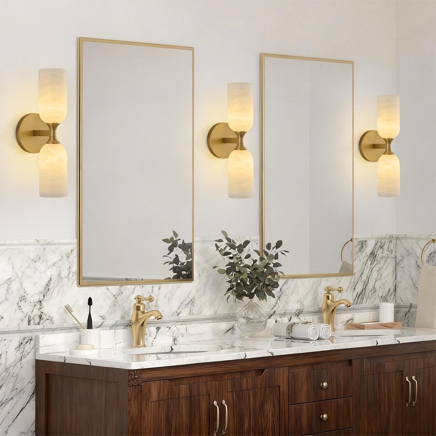 Vintage Alabaster Brass Wall Sconce: Set of 2 Antique Spanish Natural Marble Modern Vanity Wall Lights - 14" Brushed Gold Vanity Light - Indoor Sconces for Bathroom Stair Hallway Bedroom Living Room
