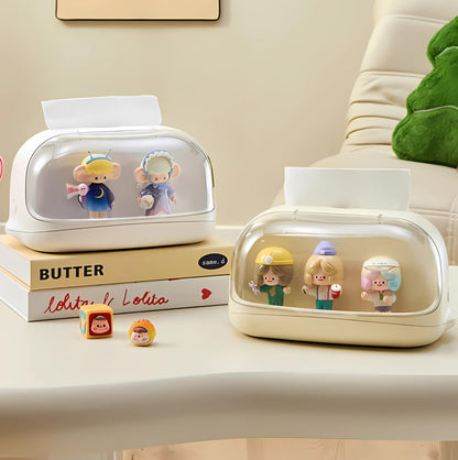 Acrylic Tissue Box with Display Case for Figurines, Dustproof Clear Tissue Holder and Storage Organizer, Compatible with POPMART Collectibles, Desk and Bedroom Decor