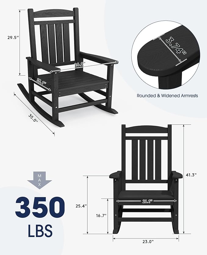 KINGYES HDPE Outdoor Rocking Chair, Widened Seat Patio Rocking Chair, Oversized All Weather Patio Rocker, Black