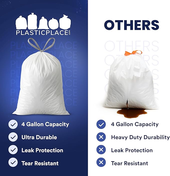 Plasticplace 4 Gallon White Drawstring Trash Bags, and Car Use
