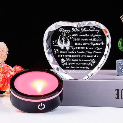 YWHL 50th Wedding Anniversary Crystal Heart Gifts for Parents Couple, Laser Engraved Romantic 50 Year Anniversary Crystal Keepsake Gifts for Wife Husband, 50 Years of Marriage Gift for Her Him