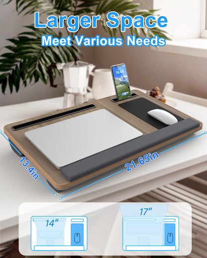 Laptop Lap Desk, Portable Large Laptop Desk for Bed, Up to 17 in Lap Table with Wrist Rest, Mouse Pad, Tablet Phone Slot, Portable Handle, Cushion (Dark Brown Woodgrain)
