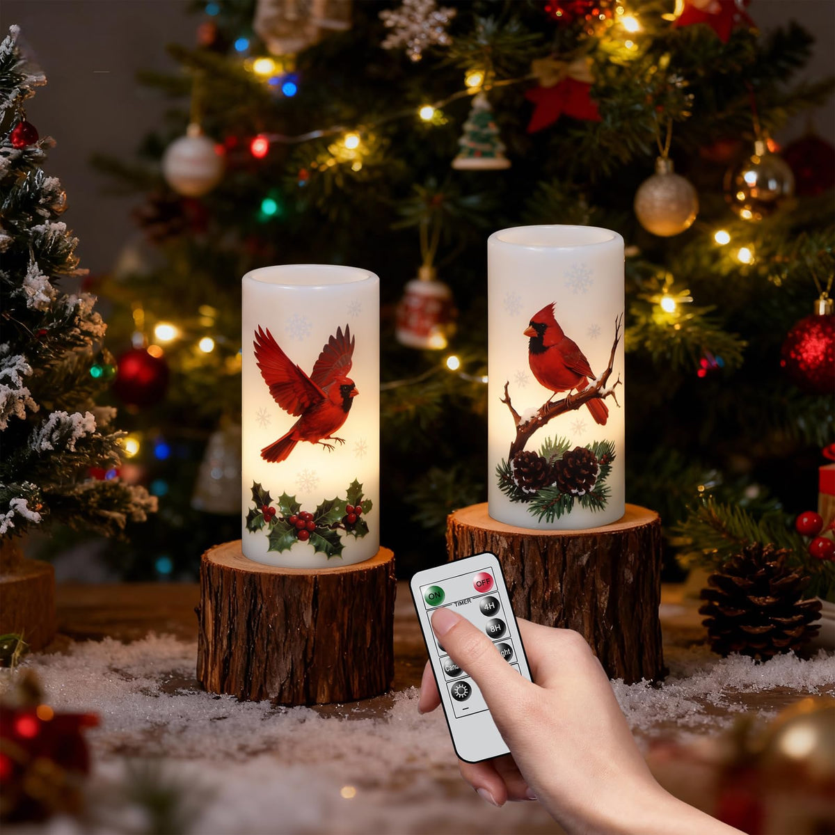 Eldnacele Christmas Cardinal Flameless Candles Battery Operated with Remote and Timer Real Wax Flickering LED Pillar Candles Winter Holiday Indoor Decor(2 Pack, 3" D x 6" H)