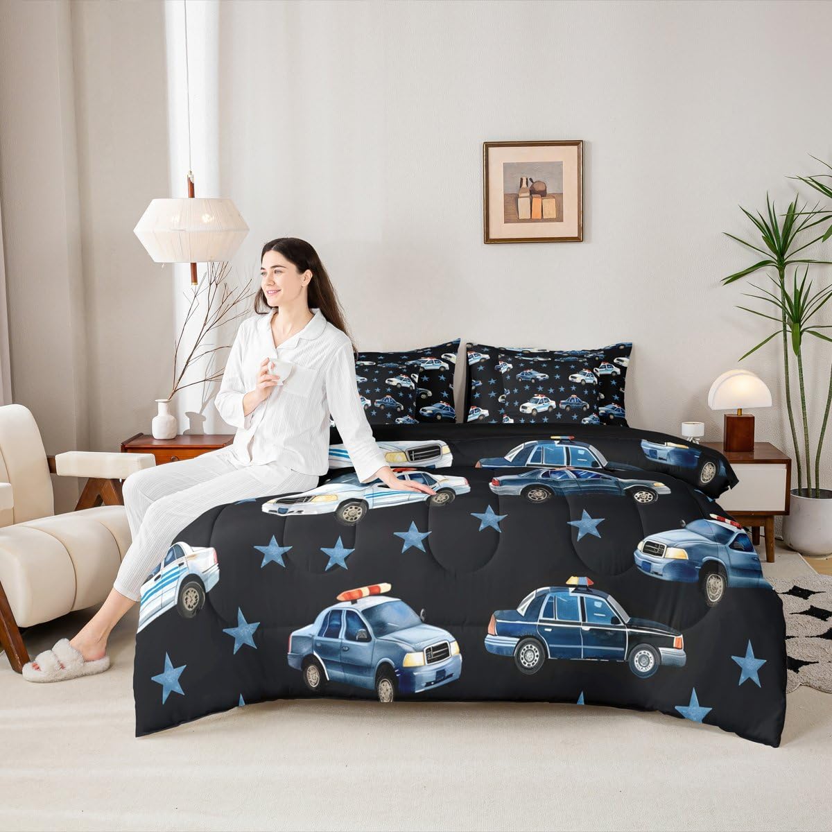 Erosebridal Police Car 7 Pieces Bedding Set Twin for Boys, Cartoon Car Comforter Set with Sheets for Kids Teens Youth Men Bedroom, Policeman Vehicle Bed in A Bag, Star Black Bed Sets, Microfiber
