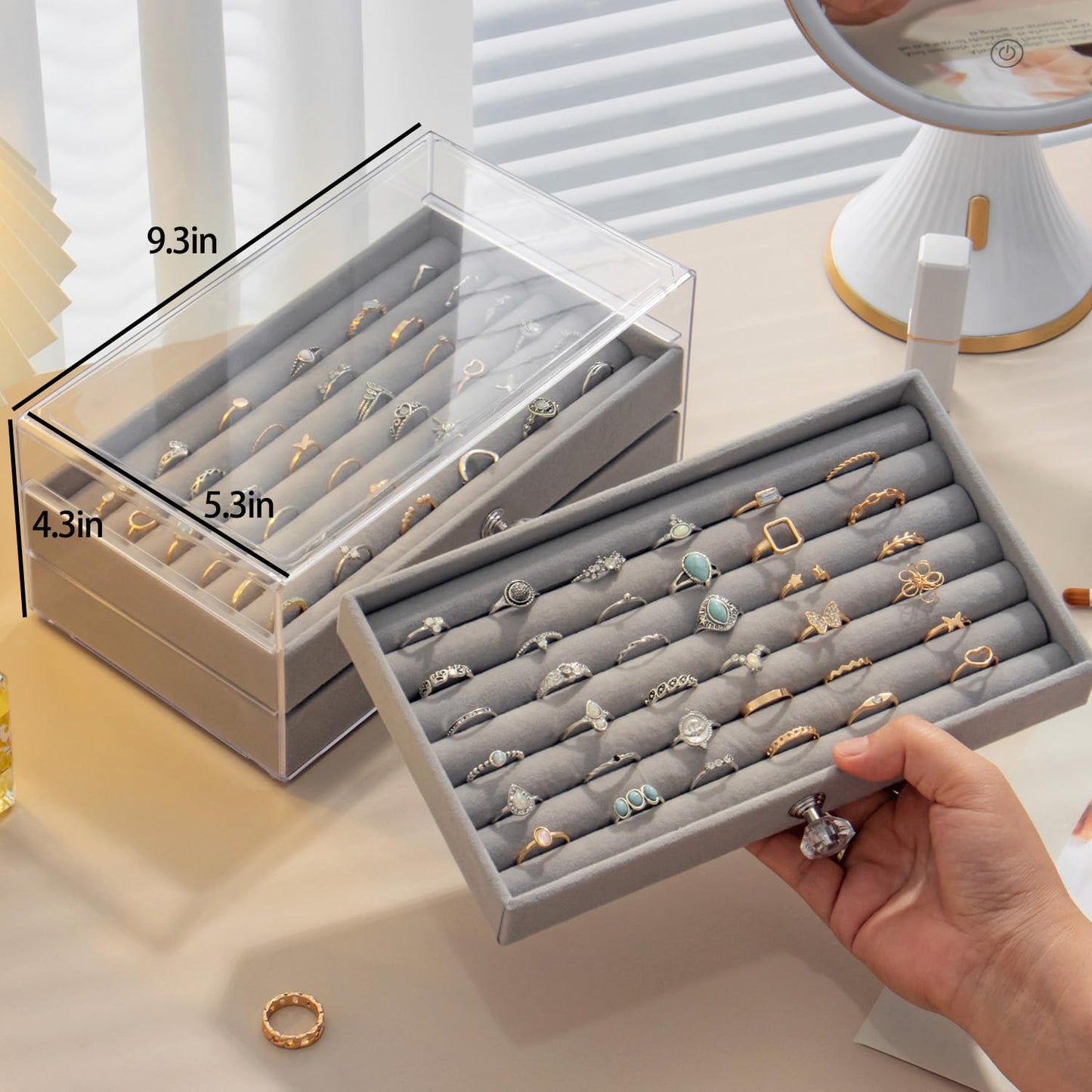SPAKOWN Ring Box Display Holder, Clear Velvet Jewelry Storage Tray Organizer for Ring Stud Earring (Grey - 3 Drawers)