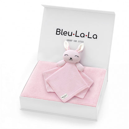 Bleu La La Baby Gift Set - Organic Cotton Newborn Blanket and Lovey Security Blanket Set, Thoughtful Baby Shower & New Baby Gift for Boys & Girls (Lovey - Bunny - Pink)