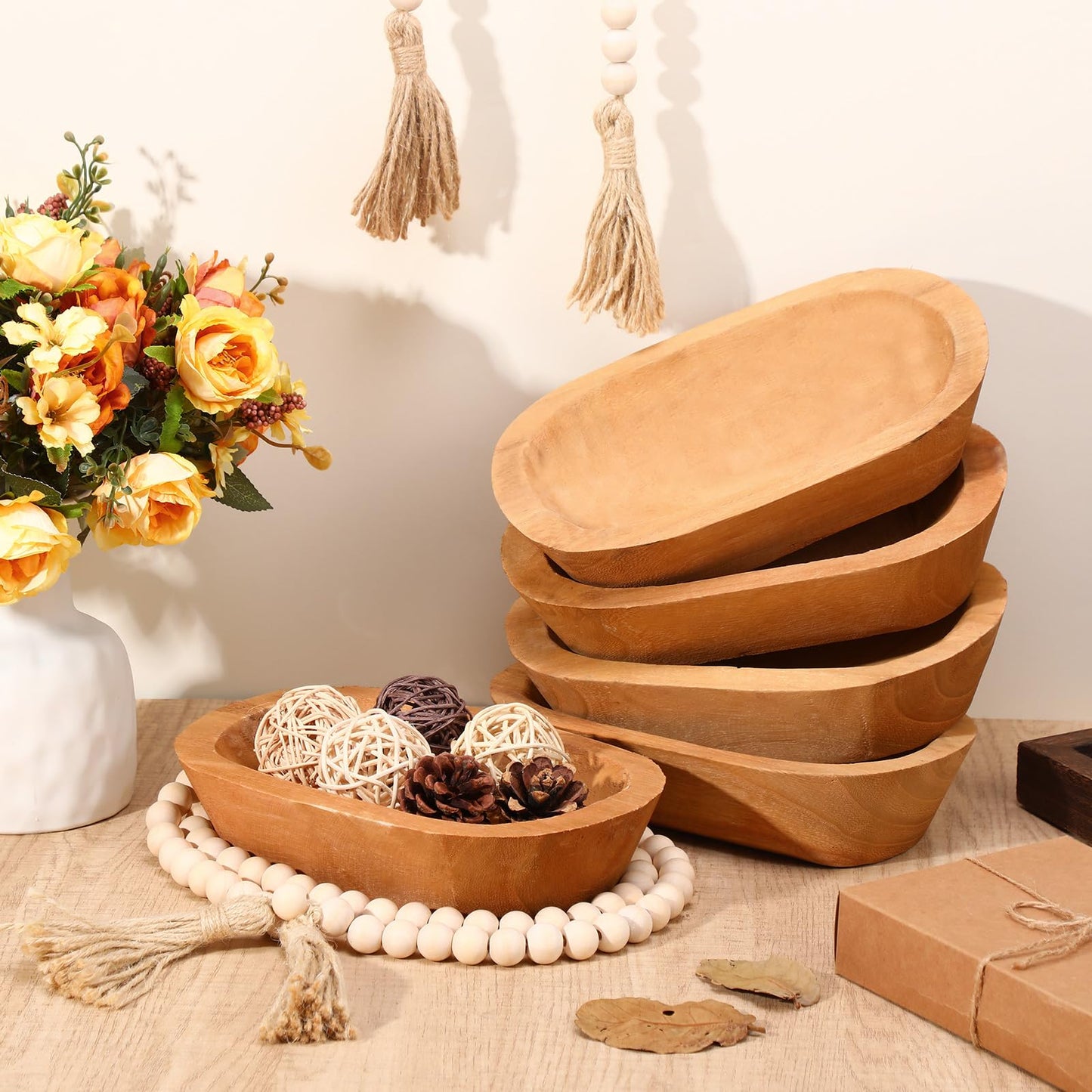 LemonRoad 12 Pcs Wooden Dough Bowl Making Wood Table Centerpiece Decorations Beads String with Tassel Decorative Bowl Natural Rustic Filler Tray Farmhouse Dining Kitchen(Caramel,Short)